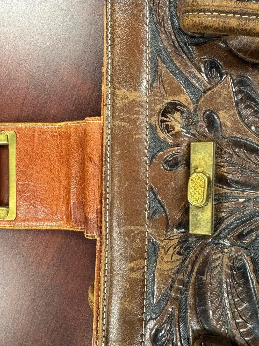 Vintage Mexican Tooled Leather Briefcase Satchel Floral Handcrafted Brown Bag